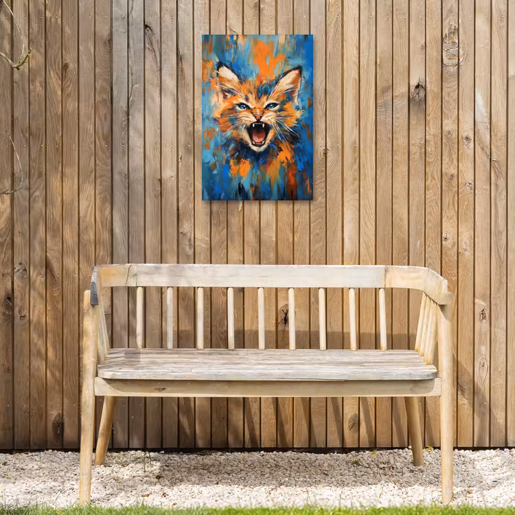 Kat - Kleurrijk - Oranje - Blauw Tuinposter op houten frame 2 cm dik klein -sfeer4