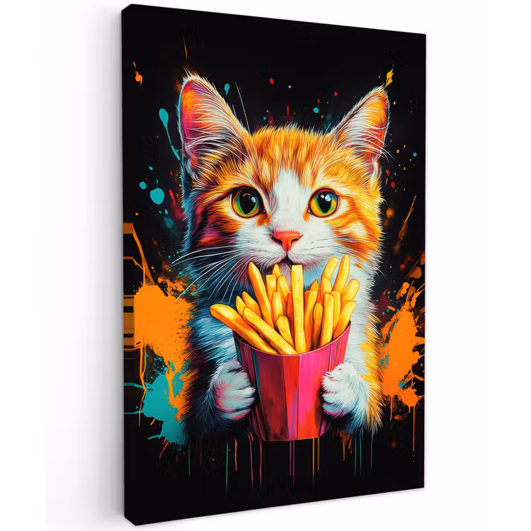 Kat - Eten - Patat - Graffiti - Abstract Tuinposter op houten frame 2 cm dik klein -3d