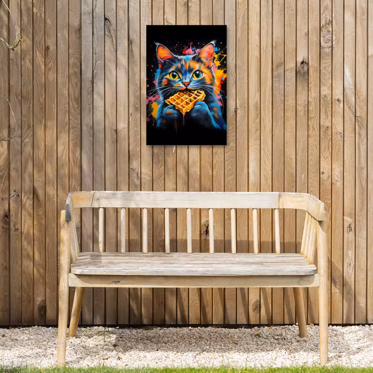 Kat - Graffiti - Kleurrijk - Wafel - Eten Tuinposter op houten frame 2 cm dik klein -sfeer4