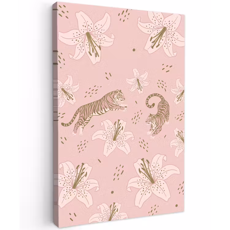 Kat - Springend - Bloemen - Abstract - Roze Tuinposter op houten frame 2 cm dik klein -3d