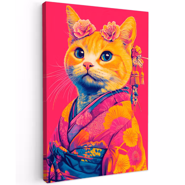 Kat - Kimono - Bloemen - Roze Tuinposter op houten frame 2 cm dik klein -3d