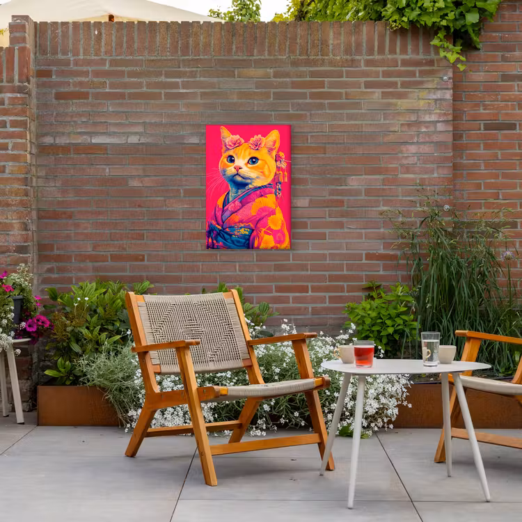 Kat - Kimono - Bloemen - Roze Tuinposter op houten frame 2 cm dik klein -sfeer3