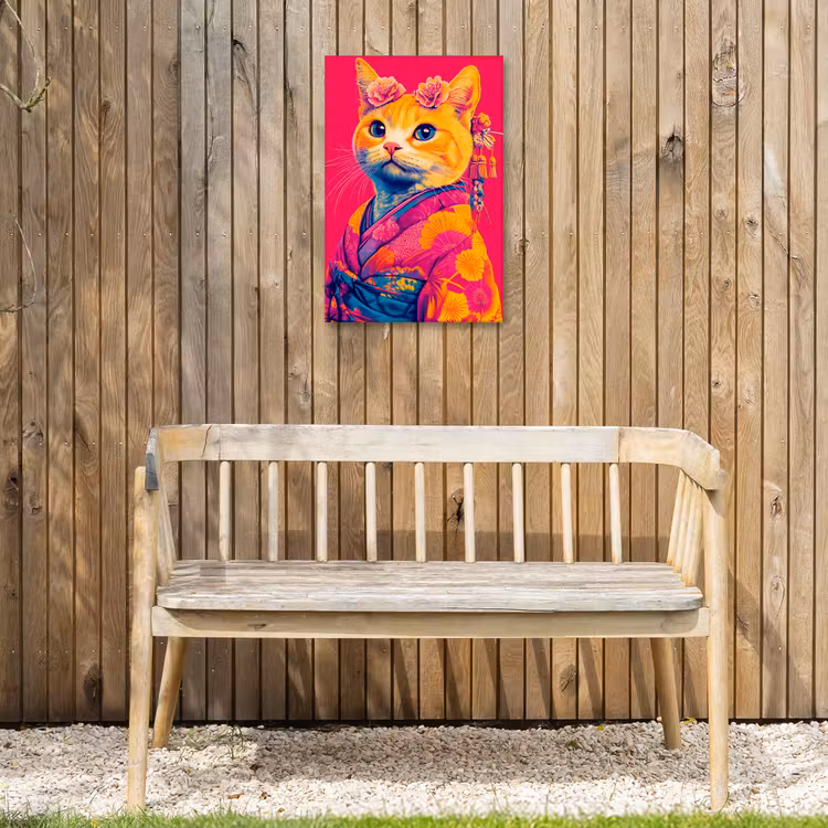 Kat - Kimono - Bloemen - Roze Tuinposter op houten frame 2 cm dik klein -sfeer4