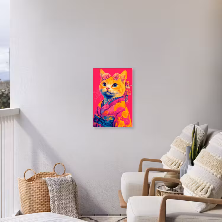 Kat - Kimono - Bloemen - Roze Tuinposter op houten frame 2 cm dik klein -sfeer1