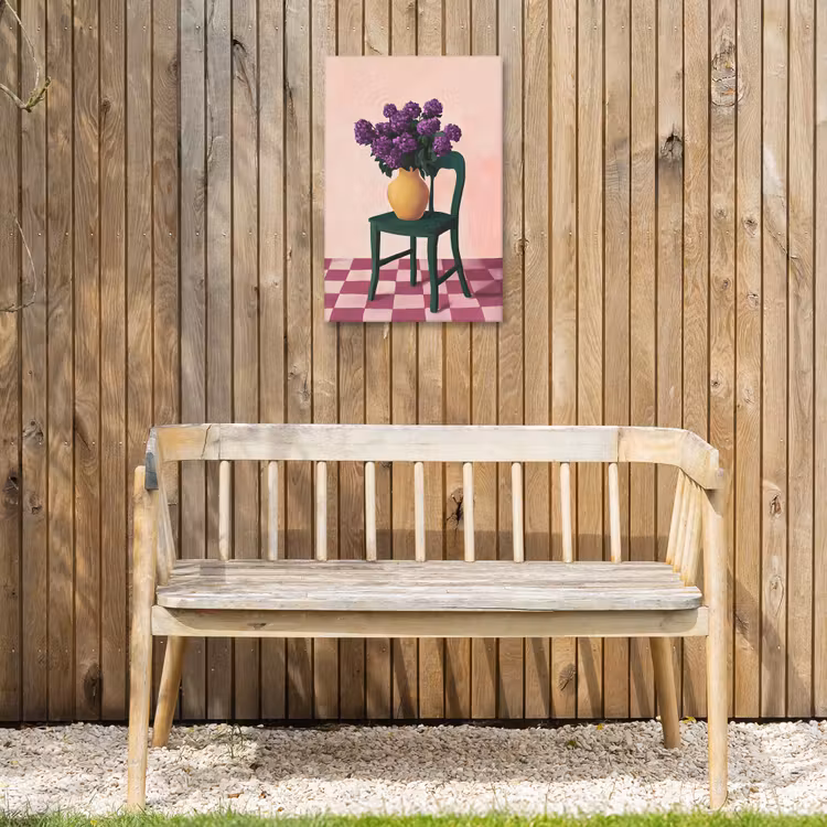 Stoel - Vaas - Bloemen - Geblokt Tuinposter op houten frame 2 cm dik klein -sfeer4