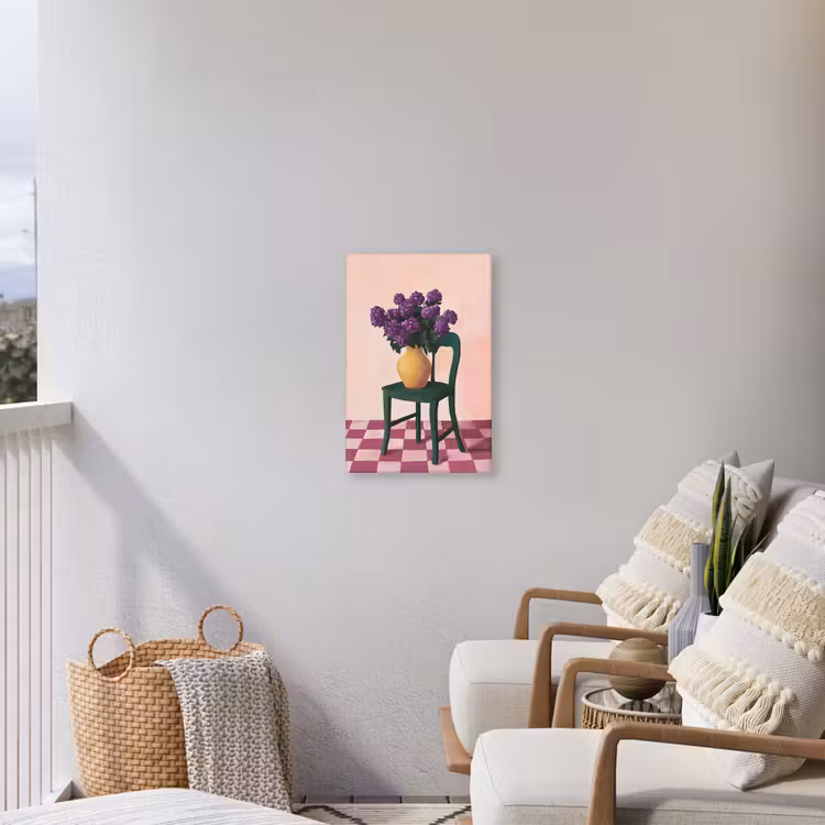 Stoel - Vaas - Bloemen - Geblokt Tuinposter op houten frame 2 cm dik klein -sfeer1