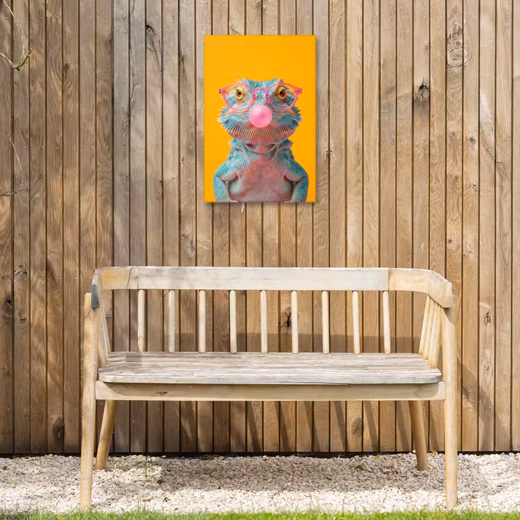 Kameleon - Kauwgom - Kleurrijk Tuinposter op houten frame 2 cm dik klein -sfeer4