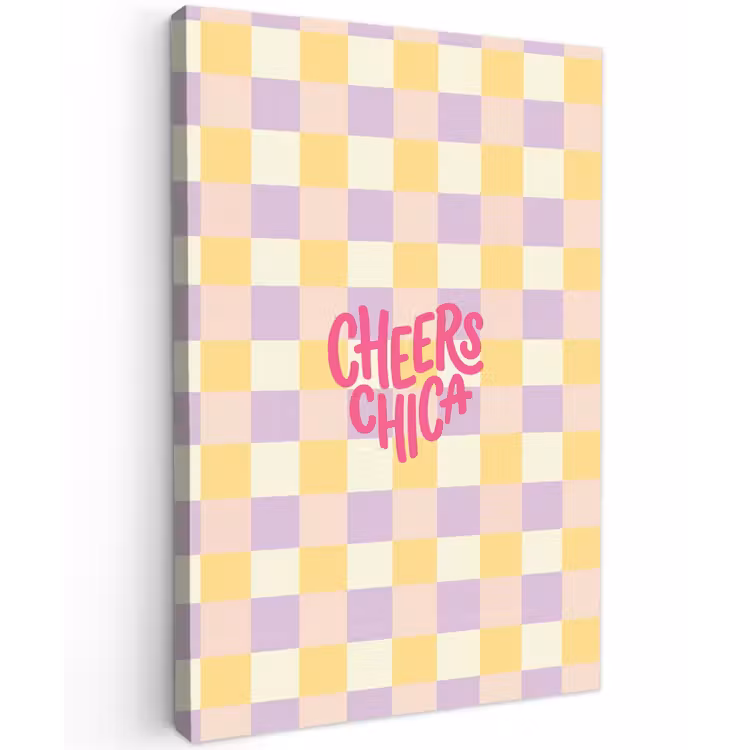 Cheers Chica - Ruitjes - Lila - Geel Tuinposter op houten frame 2 cm dik klein -3d