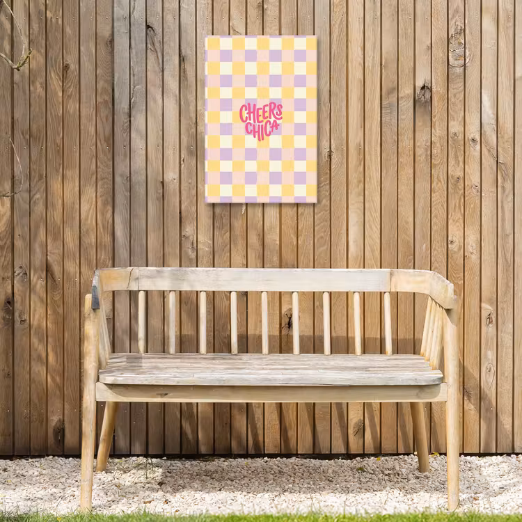 Cheers Chica - Ruitjes - Lila - Geel Tuinposter op houten frame 2 cm dik klein -sfeer4