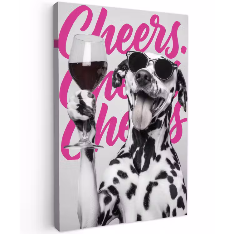 Cheers - Hond - Roze - Wijn Tuinposter op houten frame 2 cm dik klein -3d