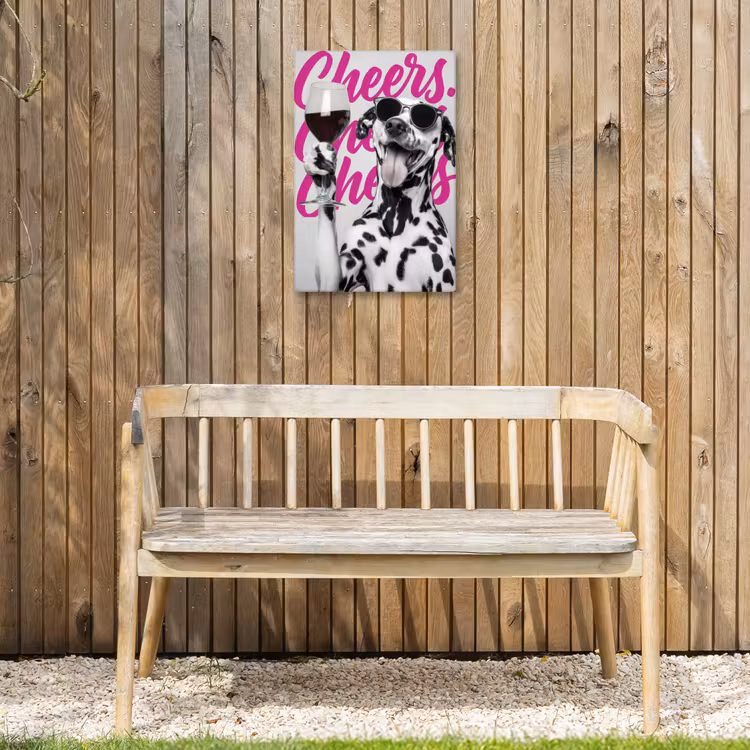 Cheers - Hond - Roze - Wijn Tuinposter op houten frame 2 cm dik klein -sfeer4