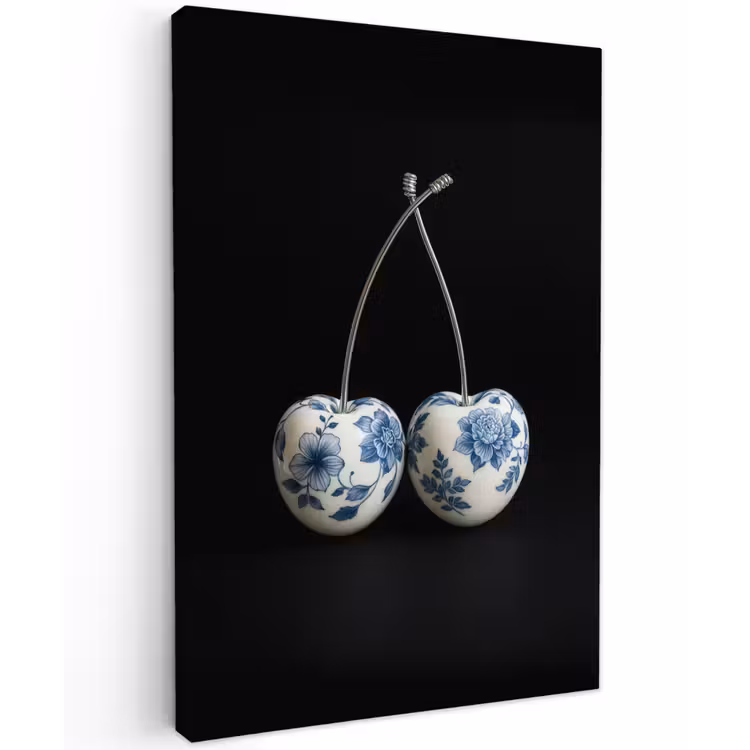 Kersen - Delfts blauw - Fruit Tuinposter op houten frame 2 cm dik klein -3d