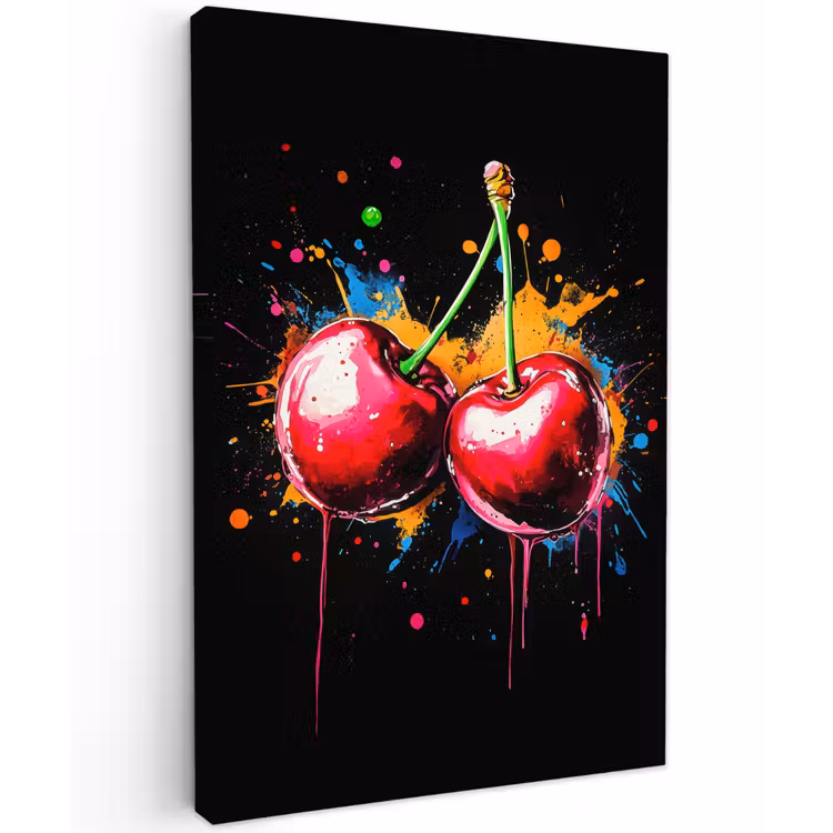 Kersen - Fruit - Graffiti - Verf - Abstract - Modern - Kleurrijk Tuinposter op houten frame 2 cm dik klein -3d