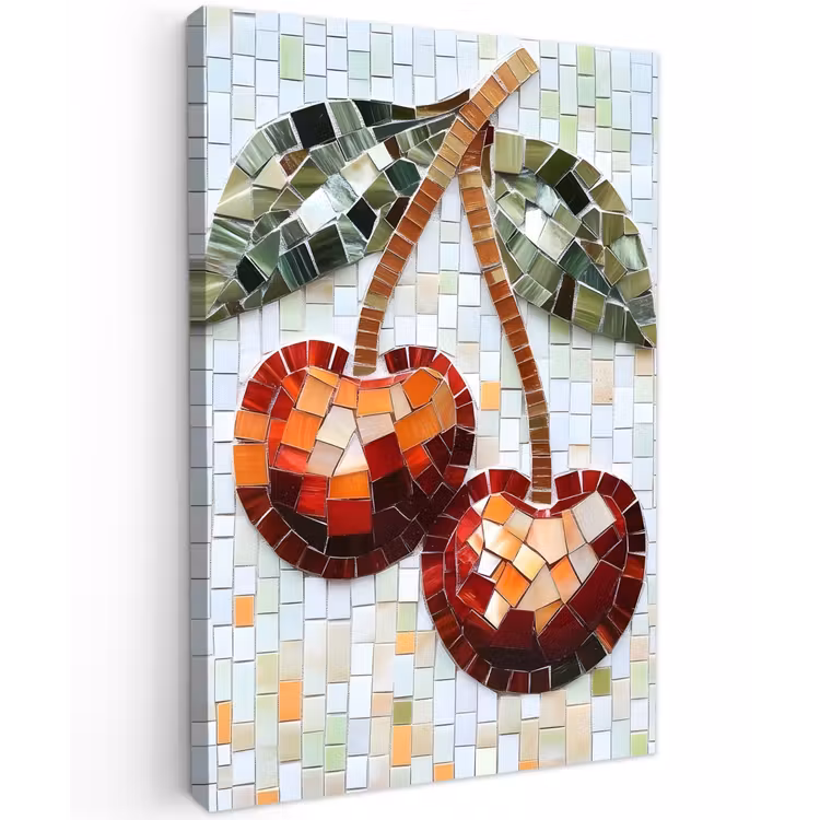 Kersen - Rood - Mozaïek - Blaadjes Tuinposter op houten frame 2 cm dik klein -3d