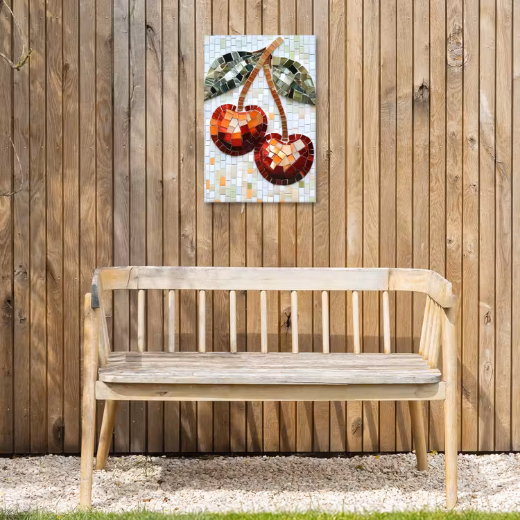 Kersen - Rood - Mozaïek - Blaadjes Tuinposter op houten frame 2 cm dik klein -sfeer4