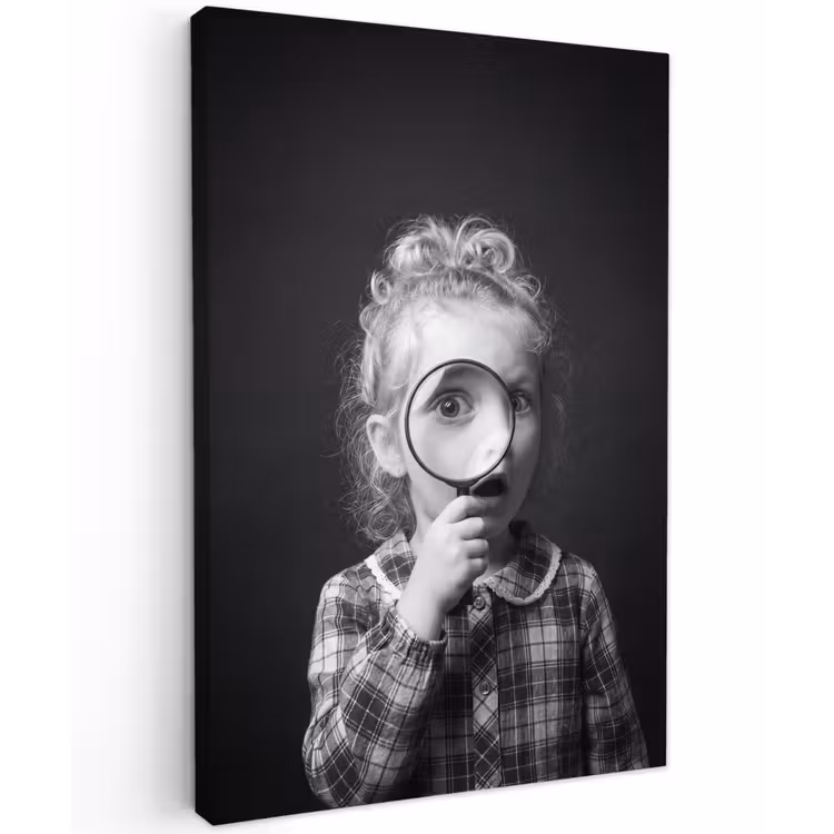 Kind - Vergrootglas - Portret - Zwart-wit Tuinposter op houten frame 2 cm dik klein -3d
