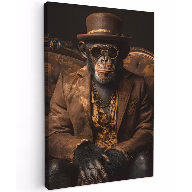 Chimpansee - Stoel - Pak - Bruin Tuinposter op houten frame 2 cm dik klein -3d