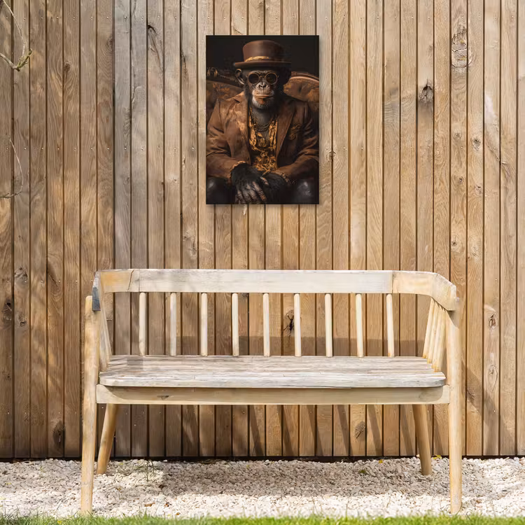 Chimpansee - Stoel - Pak - Bruin Tuinposter op houten frame 2 cm dik klein -sfeer4