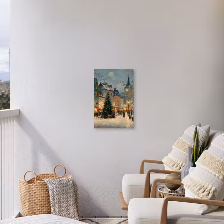 Kerstsfeer - Stadsplein - Kleurrijk Tuinposter op houten frame 2 cm dik klein -sfeer1