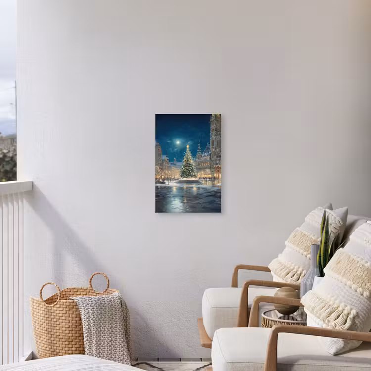 Kerstnacht - Stadsplein - Meerkleurig Tuinposter op houten frame 2 cm dik klein -sfeer1
