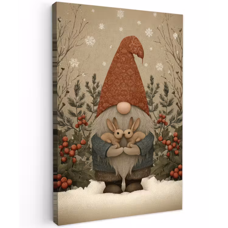 Kerstgnome - Konijntjes - Kleurrijk Tuinposter op houten frame 2 cm dik klein -3d