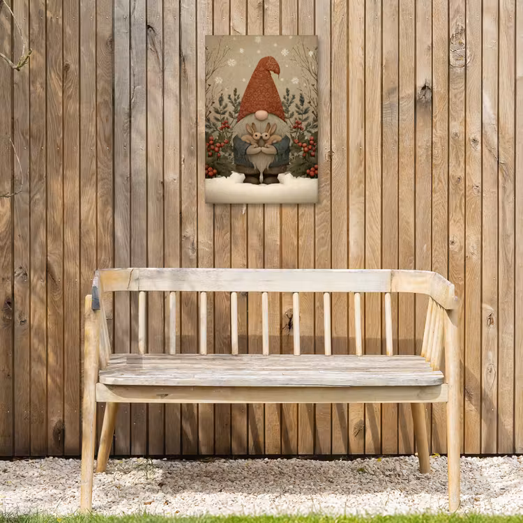 Kerstgnome - Konijntjes - Kleurrijk Tuinposter op houten frame 2 cm dik klein -sfeer4