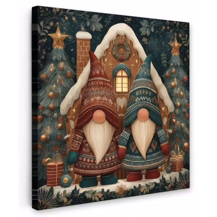 Kerst - Gnomen - Peperkoekhuisje - Rood - Groen Tuinposter op houten frame 2 cm dik klein -3d