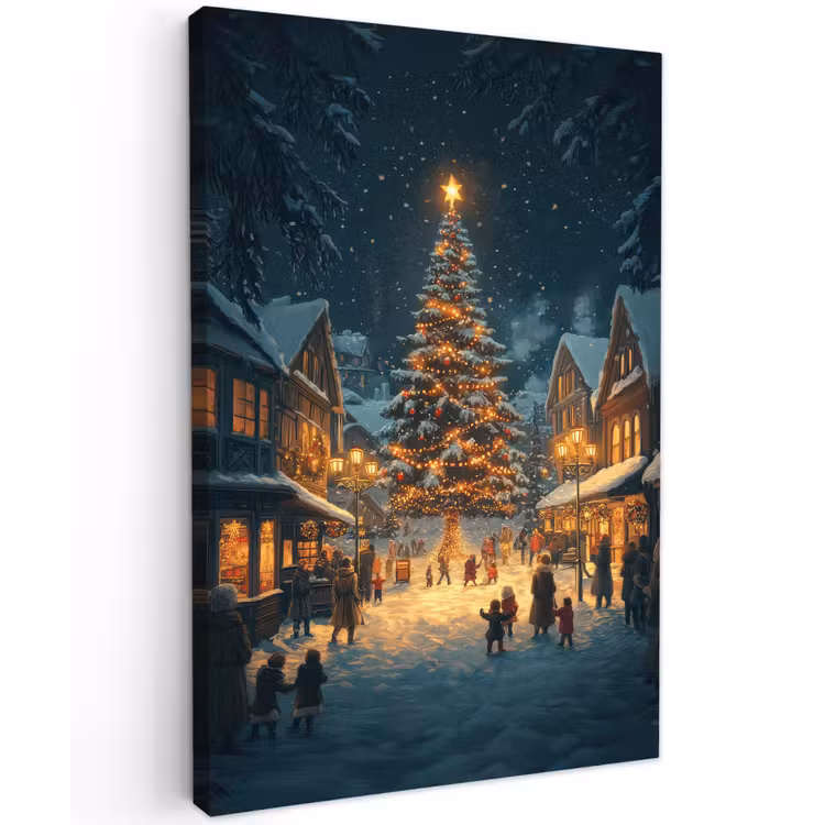 Kerstfeest - Dorp - Donker Tuinposter op houten frame 2 cm dik klein -3d