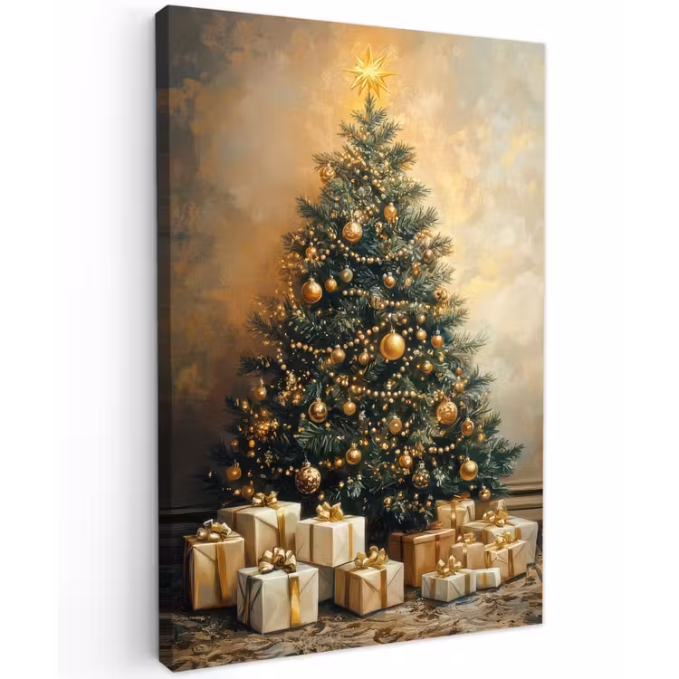 Kerstboom - Cadeaus - Goud Tuinposter op houten frame 2 cm dik klein -3d