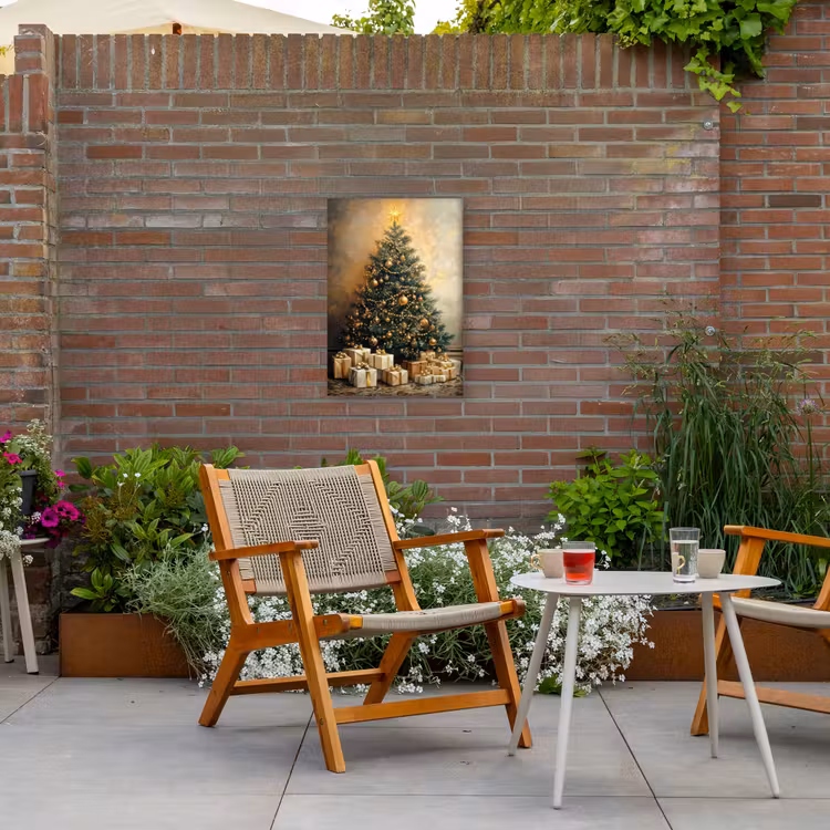 Kerstboom - Cadeaus - Goud Tuinposter op houten frame 2 cm dik klein -sfeer3