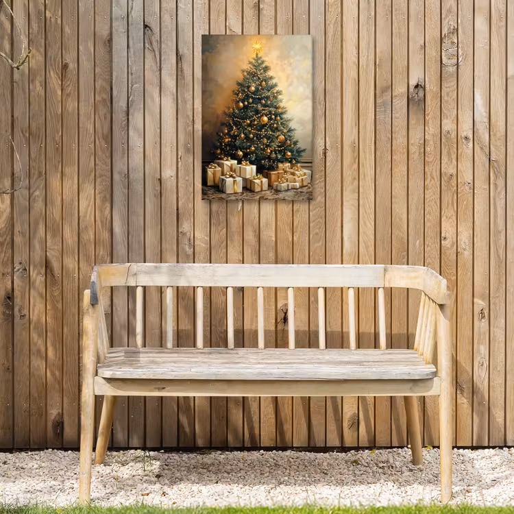Kerstboom - Cadeaus - Goud Tuinposter op houten frame 2 cm dik klein -sfeer4