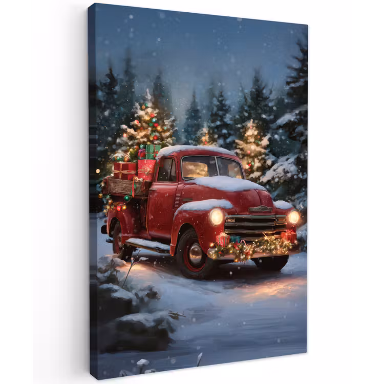 Kersttruck - Sneeuwbos - Rood Tuinposter op houten frame 2 cm dik klein -3d