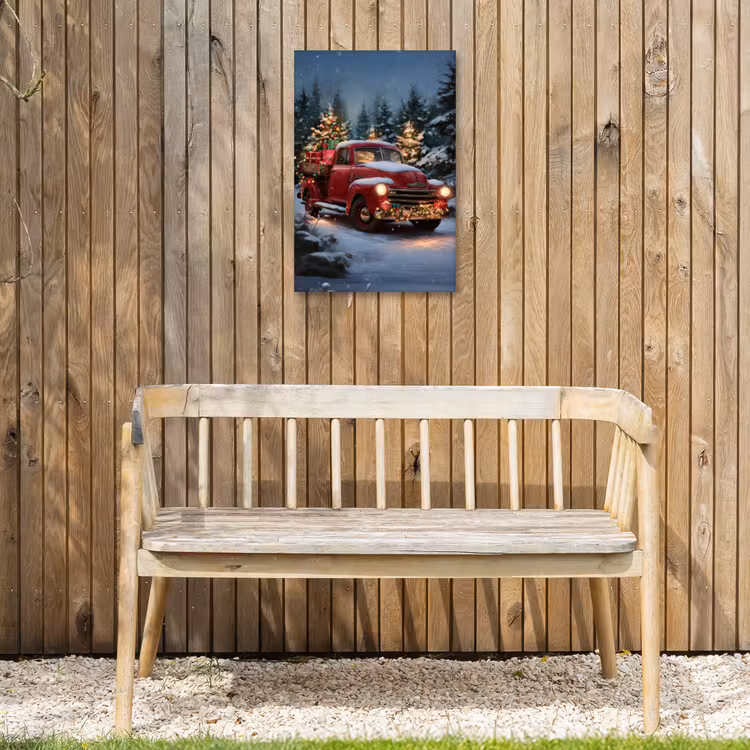 Kersttruck - Sneeuwbos - Rood Tuinposter op houten frame 2 cm dik klein -sfeer4