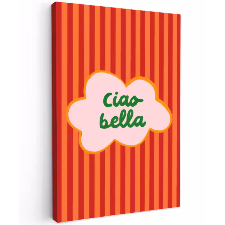 Ciao bella - Tekstwolk - Strepen - Oranje Tuinposter op houten frame 2 cm dik klein -3d