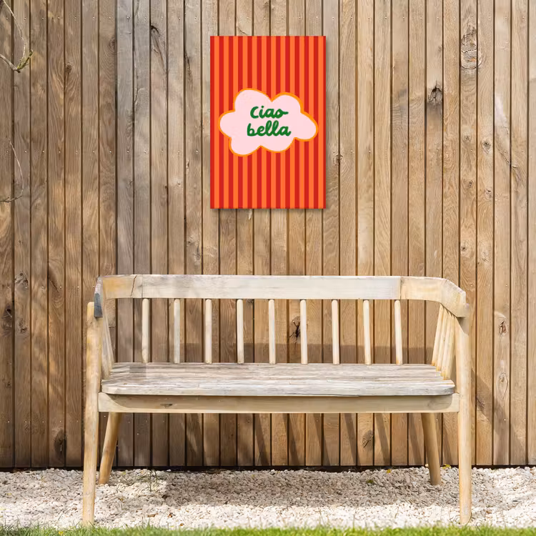 Ciao bella - Tekstwolk - Strepen - Oranje Tuinposter op houten frame 2 cm dik klein -sfeer4