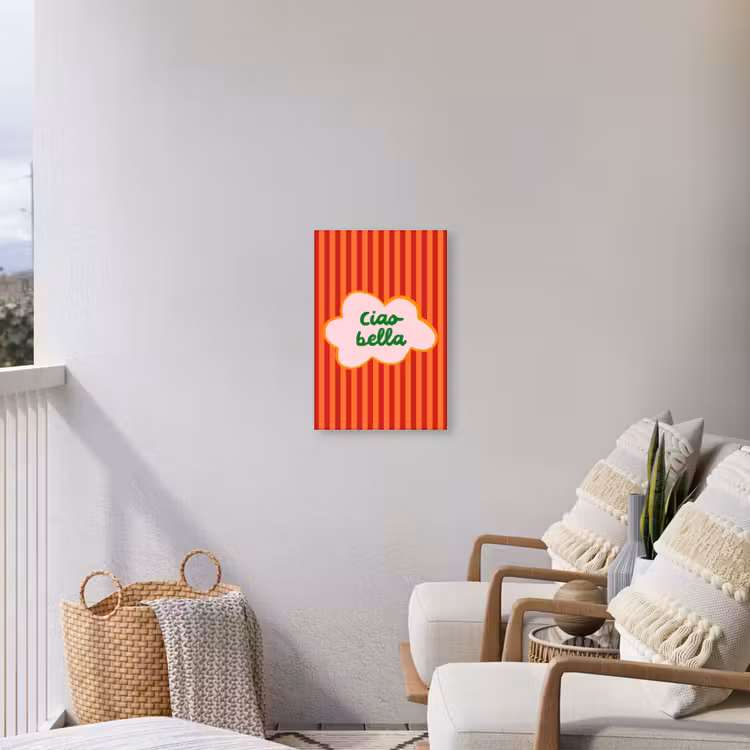 Ciao bella - Tekstwolk - Strepen - Oranje Tuinposter op houten frame 2 cm dik klein -sfeer1