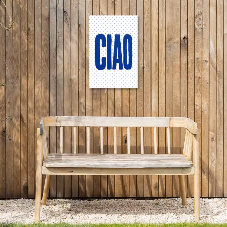 Ciao - Blauw - Stippen Tuinposter op houten frame 2 cm dik klein -sfeer4