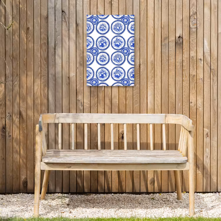 Cirkels - Bloemen - Blauw Tuinposter op houten frame 2 cm dik klein 841 -sfeer4