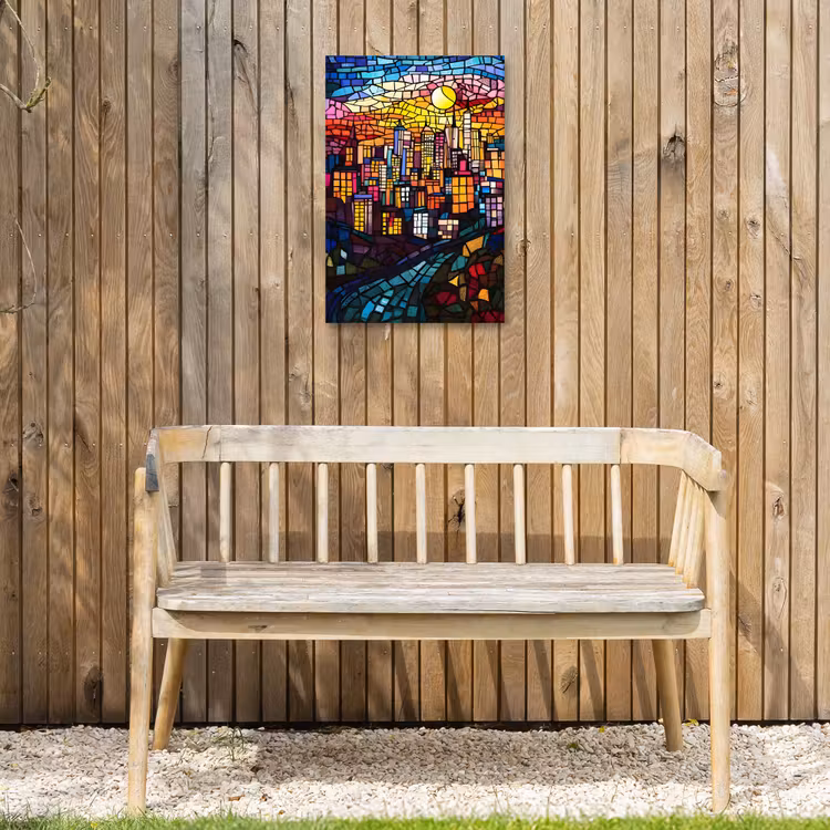 Stad - Maan - Mozaïek - Kleurrijk Tuinposter op houten frame 2 cm dik klein -sfeer4