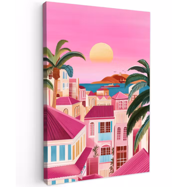 Stad - Roze - Palmbomen Tuinposter op houten frame 2 cm dik klein -3d