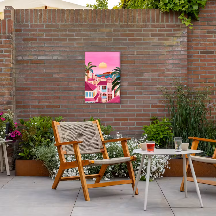 Stad - Roze - Palmbomen Tuinposter op houten frame 2 cm dik klein -sfeer3