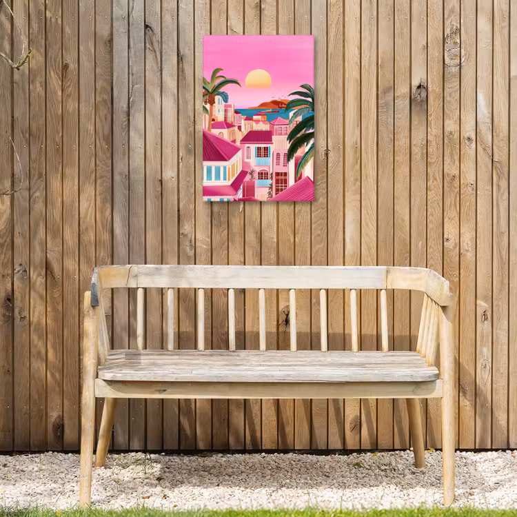 Stad - Roze - Palmbomen Tuinposter op houten frame 2 cm dik klein -sfeer4