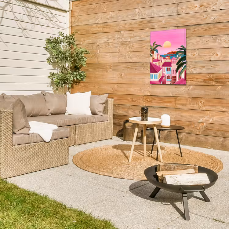 Stad - Roze - Palmbomen Tuinposter op houten frame 2 cm dik klein -sfeer2