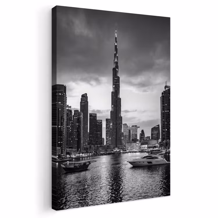Stad - Skyline - Architectuur - Avond - Zwart-wit Tuinposter op houten frame 2 cm dik klein -3d