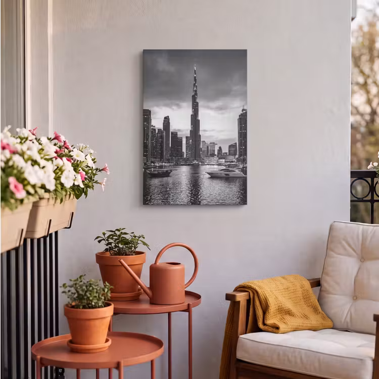 Stad - Skyline - Architectuur - Avond - Zwart-wit Tuinposter op houten frame 2 cm dik klein -sfeer1
