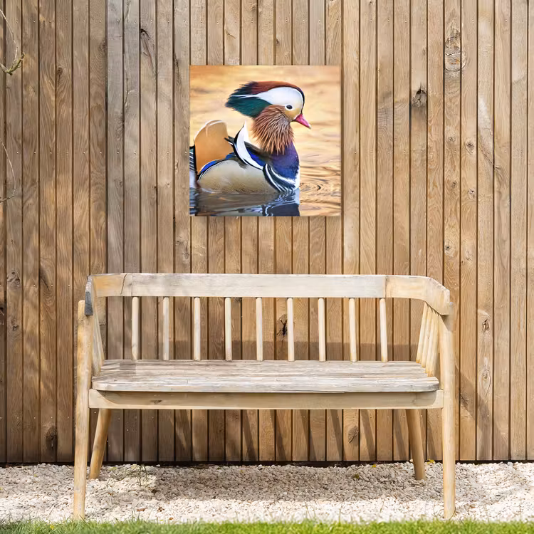 Close-up mandarijneend Tuinposter op houten frame 2 cm dik klein -sfeer4