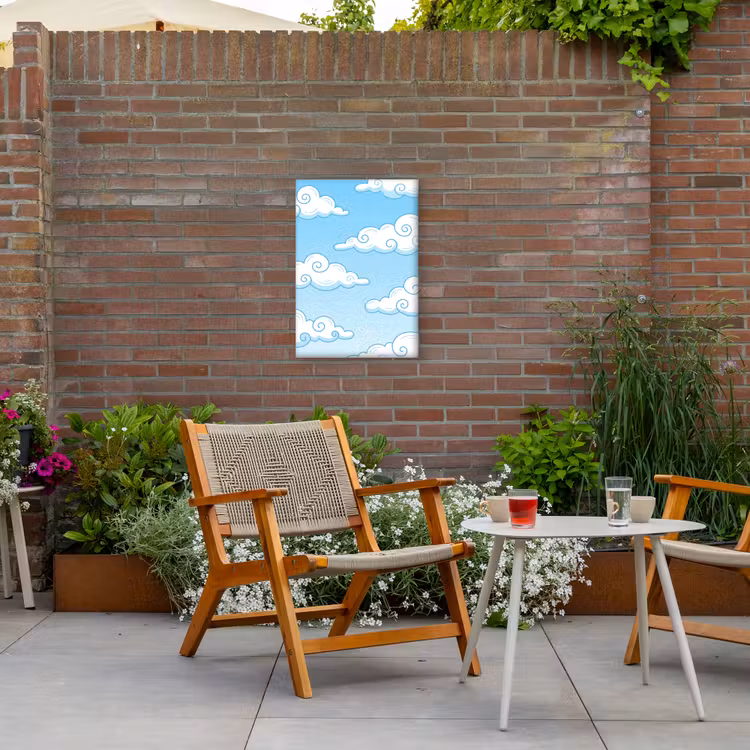 Wolk - Lucht - Cartoon - Blauw - Wit Tuinposter op houten frame 2 cm dik klein -sfeer3