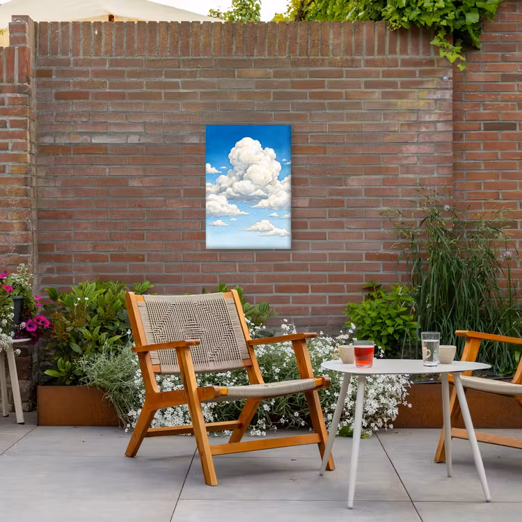 Wolken - Blauwe lucht - Natuur - Modern - Wit Tuinposter op houten frame 2 cm dik klein -sfeer3