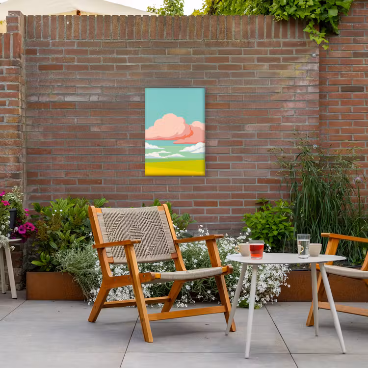 Wolken - Roze - Natuur - Modern - Pastel Tuinposter op houten frame 2 cm dik klein -sfeer3