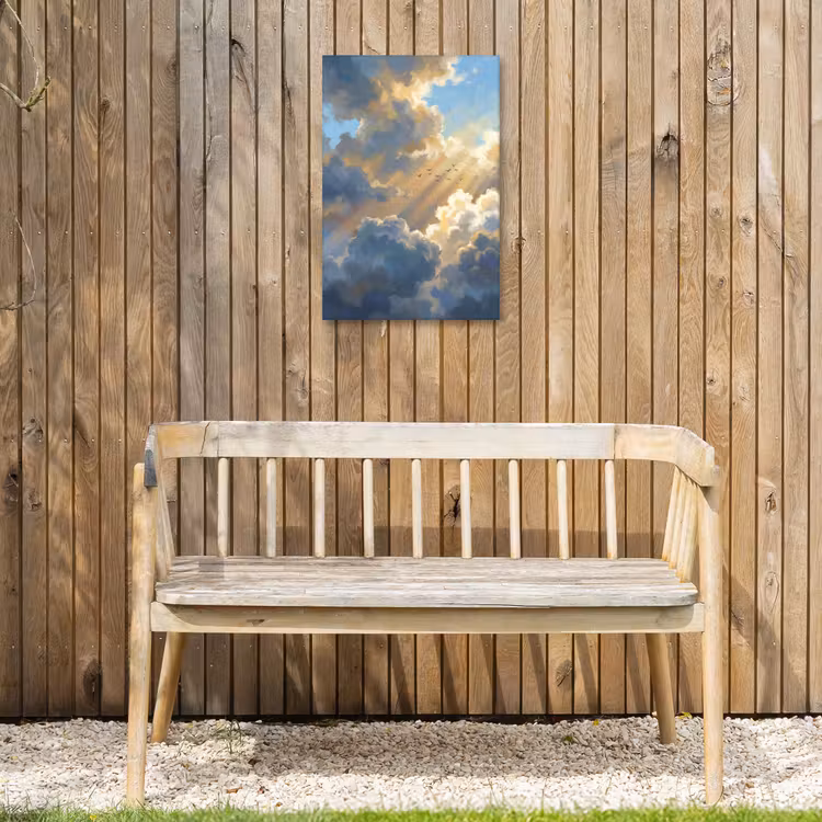 Wolken - Zonnestralen - Natuur - Abstract - Blauw Tuinposter op houten frame 2 cm dik klein -sfeer4